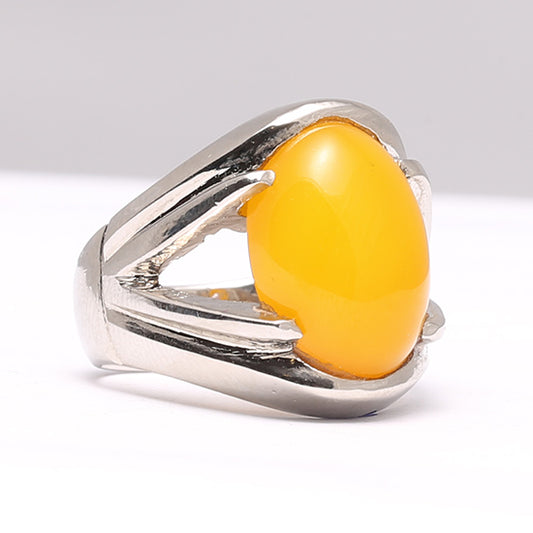 Silver Ring Yellow Aqeeq Agate Beautiful Design Ring