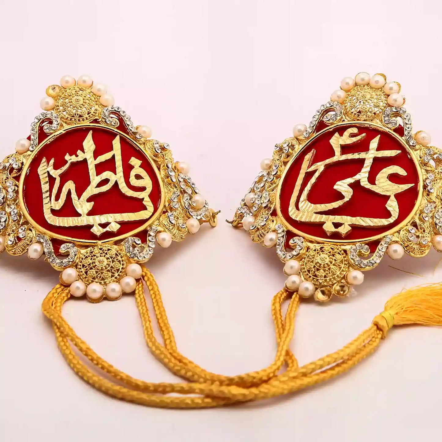 Ya Ali as and Ya Fatima sa Red Kashi Imamzamin Zircons & Pearl Work A Symbol of Love