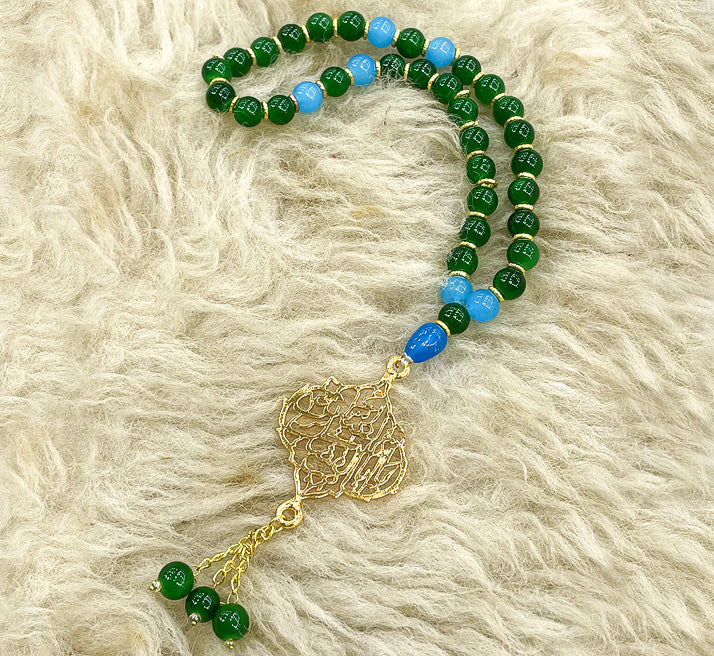 Ya Abul Fazlil Abbas (a.s) Tasbih Green & Ferozi Zircon Beads with Gold Polish