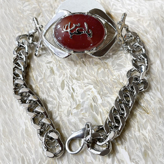 Ya Abbas (a.s) Red Aqeeq Zulfiqar Silver Bracelet For Gents