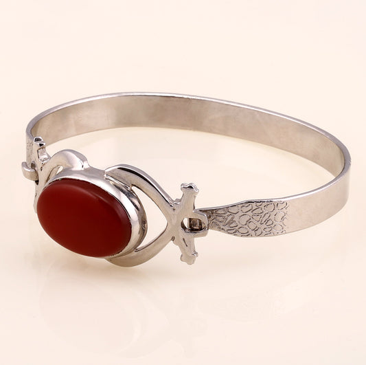 Divine Protection Silver Zulfiqar Design Bracelet with Red Aqeeq Stone Kara