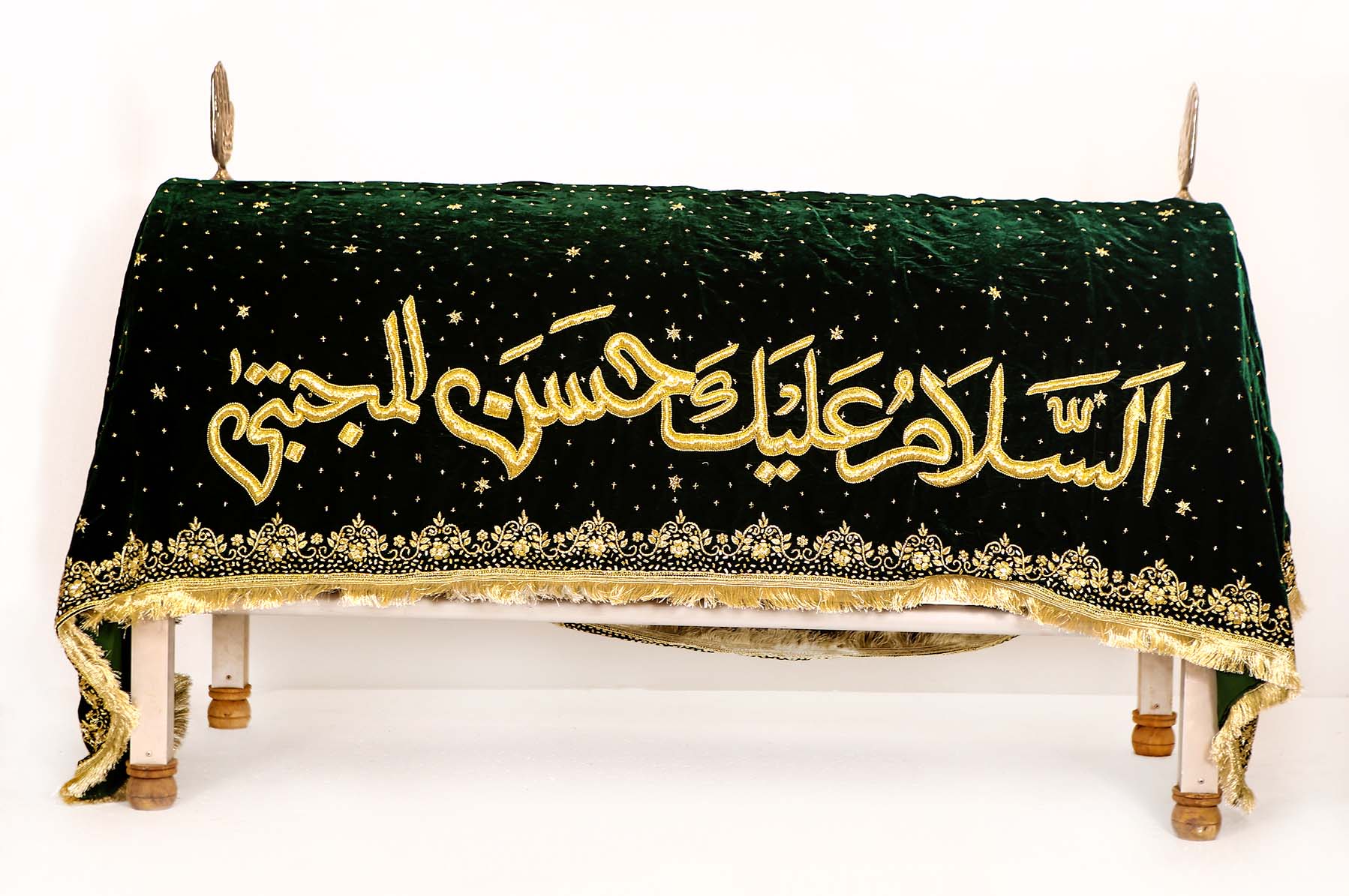 Assalamu Alaika Hassan Mujtaba (as) in Dark Green Velvet Golden Sequence Work Taboot Chadar