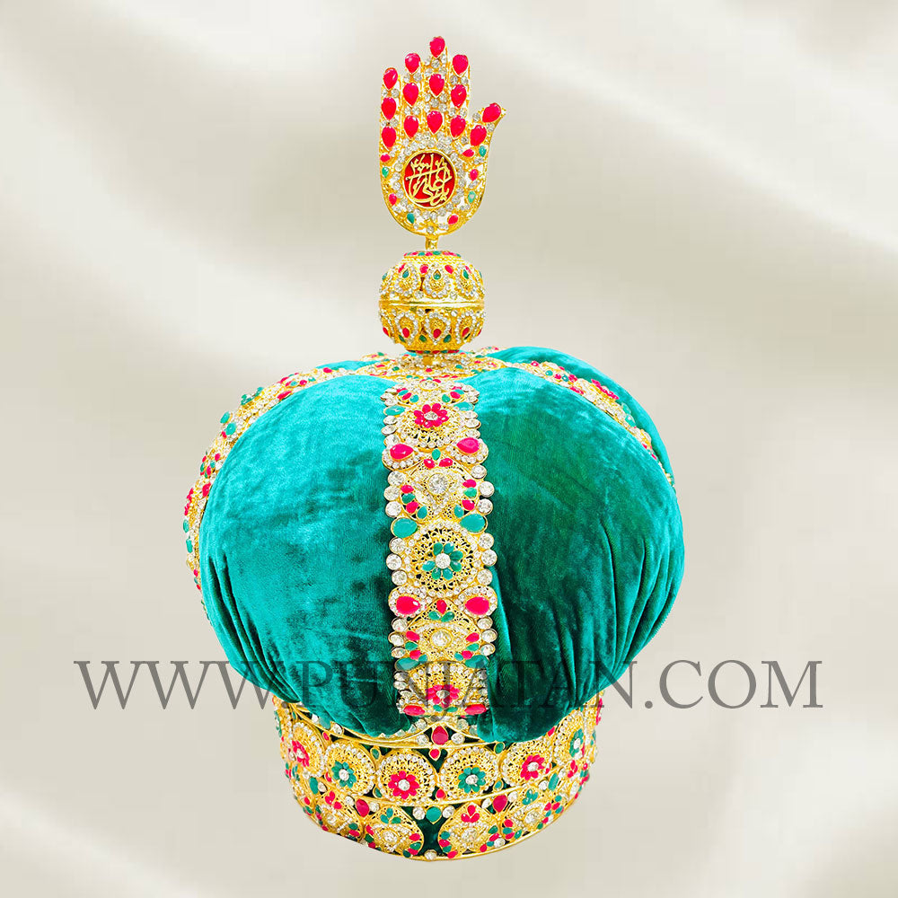  "Taj Ya Ali (as) is The Lion of God" Green velvet & Kashi Work Punja with Emeralds & Rubies Stone work